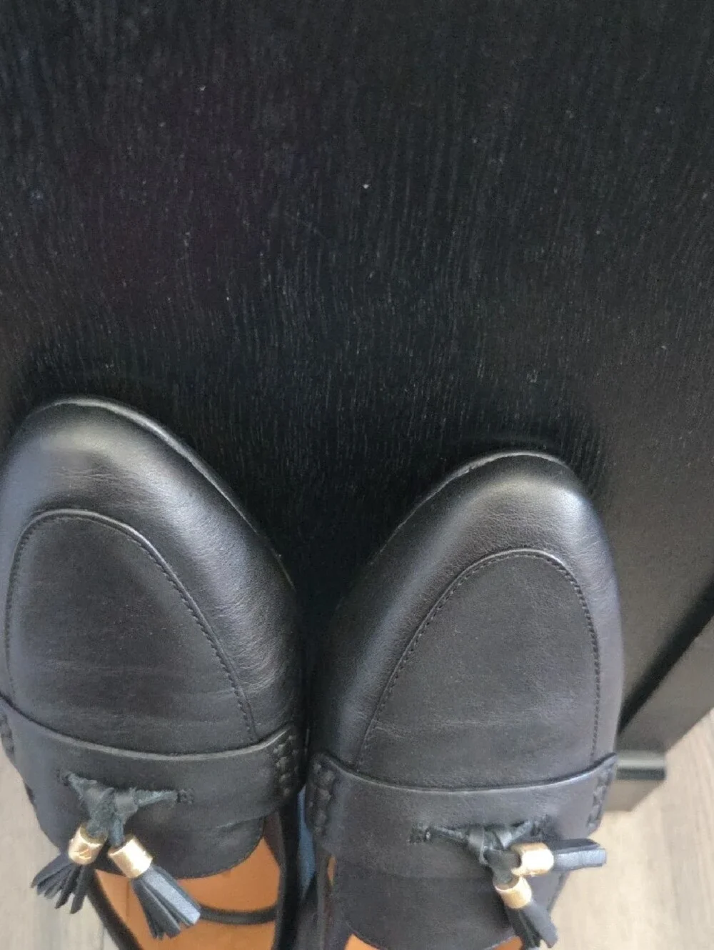 Sperry Black Leather Tassel Penny Loafers with Gold Bead Accents